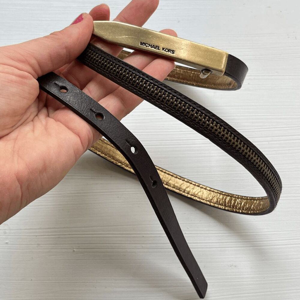 VTG Y2K Michael Kors Brown Leather Skinny Belt w/ Zipper Detail Gold Buckle